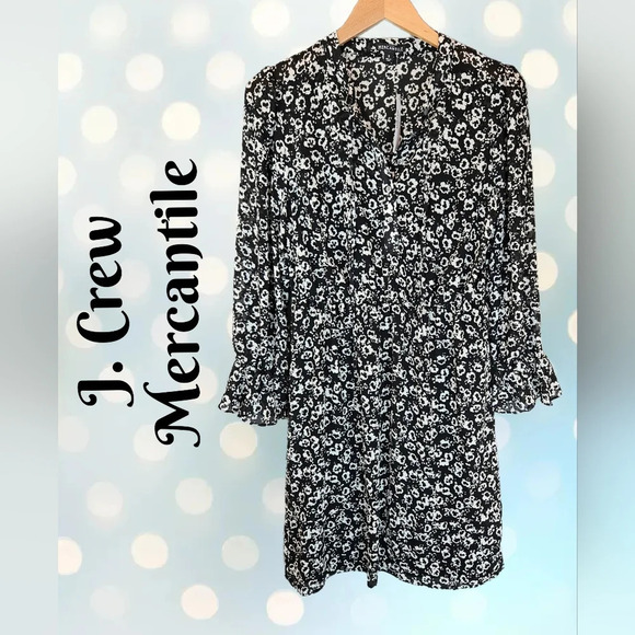 J. Crew Mercantile Dress Sz S Black & White Floral Ruffle Wrist Adjustable - Picture 1 of 13